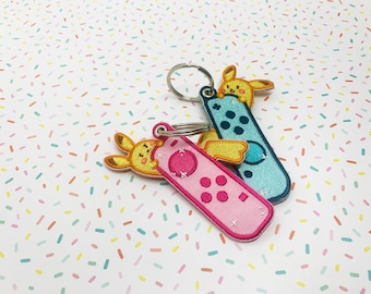 Embroidered Fabric Keychain - Luggage/Jet Tag - Pink and Blue Game Controllers