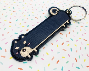 Embroidered Fabric Keychain - Luggage/Jet Tag - Black Long Long Shiba