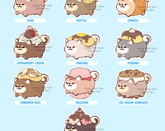 May include: A collection of nine cartoon Shiba Inu dogs, each topped with a different dessert. The desserts include a cake, waffle, cannoli, strawberry cream, pancake, pudding, cinnamon roll, macaron, and ice cream sundae. The text "Candy Paint Cafe Claudia Law" is present.