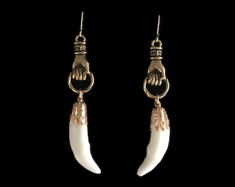 Real coyote teeth on gold hands earrings//3&quot;//Victorian style tooth earrings//taxidermy jewelry//fang earrings//tooth earrings//hand jewelry