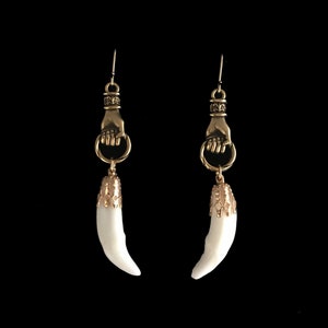 Real coyote teeth on gold hands earrings//3&quot;//Victorian style tooth earrings//taxidermy jewelry//fang earrings//tooth earrings//hand jewelry