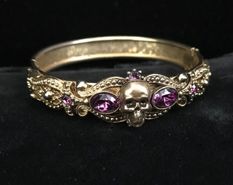 Gold skull cuff//vintage gold cuff, purple cut glass, gold skull//Victorian revival skull cuff//Gothic couture//Gothic glamour//Gothic skull