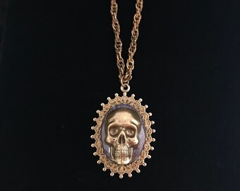 Brass skull on vintage purple jasper necklace//large Victorian style skull necklace//Gothic gold skull on vintage purple stone long necklace