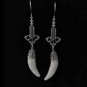 Real coyote teeth on silver plated art nouveau style earrings//3&quot;//sterling silver French hook earring//real coyote tooth//tooth jewelry