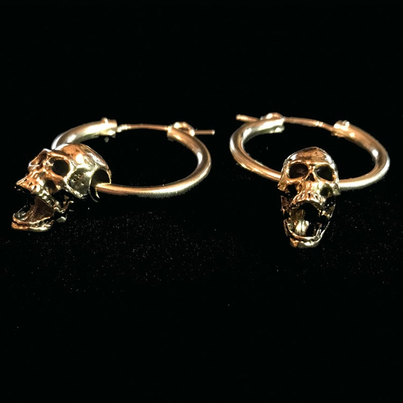 1.5 inches w gold plated screaming skull-skull hoop earrings 14 karat gold filled hoop earrings