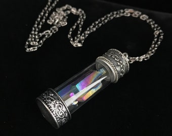 Large glass vial w/ iridescent quartz crystals necklace//antiqued silver, glass vial on 30"chain//rainbow quartz necklace//mineral jewelry