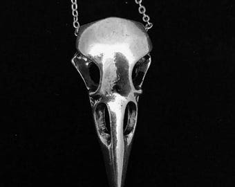 Small crow skull necklace//silver plated solid bird skull pendant//small raven skull necklace//22&quot;chain//skull necklace//bird skull necklace