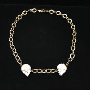 Vintage chain, carved antler skull choker//bone skulls 18" vintage chain//bone necklace//gold skull necklace//skull jewelry//bone jewelry