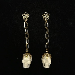 Long skull earrings//carved antler skull earrings//large, dangle skull earrings//long gold skull earrings