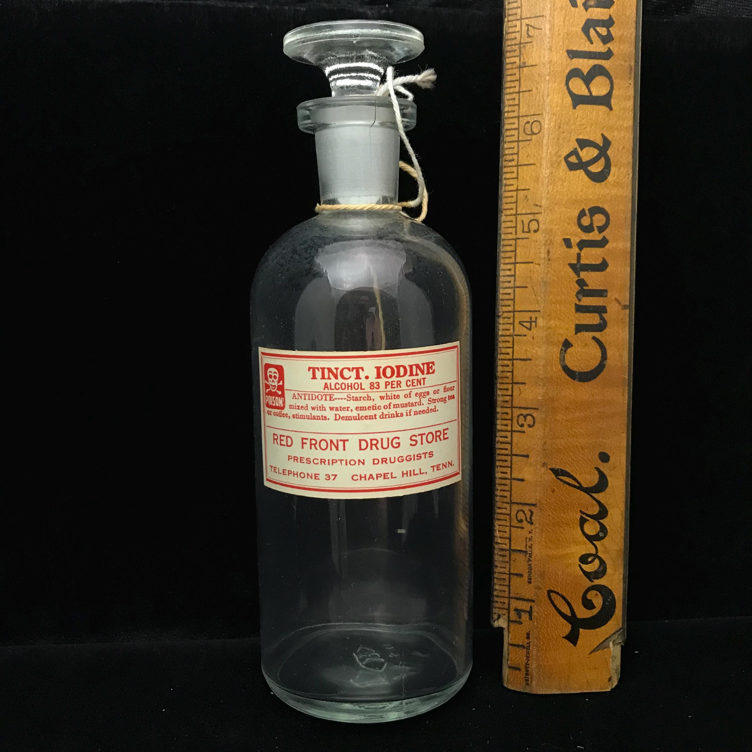 Vintage Tincture of Iodine Poison Bottle,ground Glass Stopper 