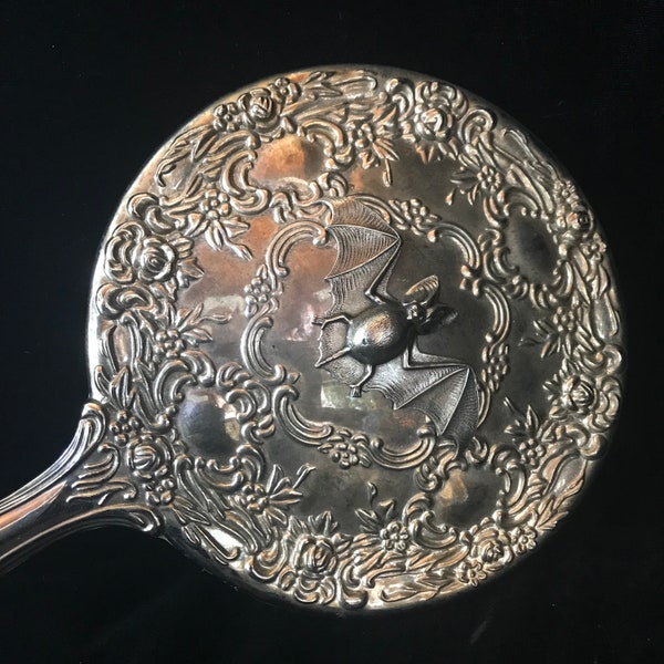 Silver bat hand mirror//antiqued silver plated bat mirror//Gothic mirror//Gothic bat hand mirror//Victorian style mirror//Haunted Mansion