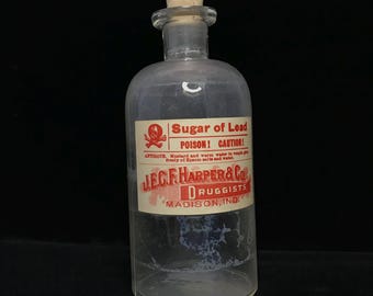 Vintage poison bottle//vintage Sugar of Lead poison bottle//corked poison bottle//circa 1920 paper poison label bottle/antique poison bottle