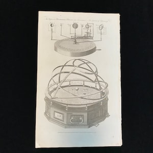 May include: A black and white engraving of a model of the solar system. The model is made of wood and metal and shows the planets orbiting the sun. The engraving is titled "An Improved Planetarium Tellurian and Lunarium...the system of Astronomy..."