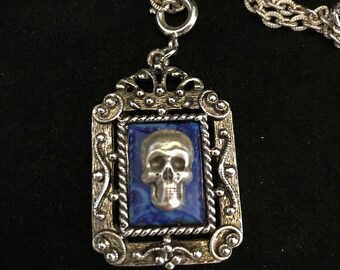 Silver skull on vintage antiqued silver, faux lapis necklace//Victorian revival skull necklace//oddity jewelry//skull jewelry//Gothic skull