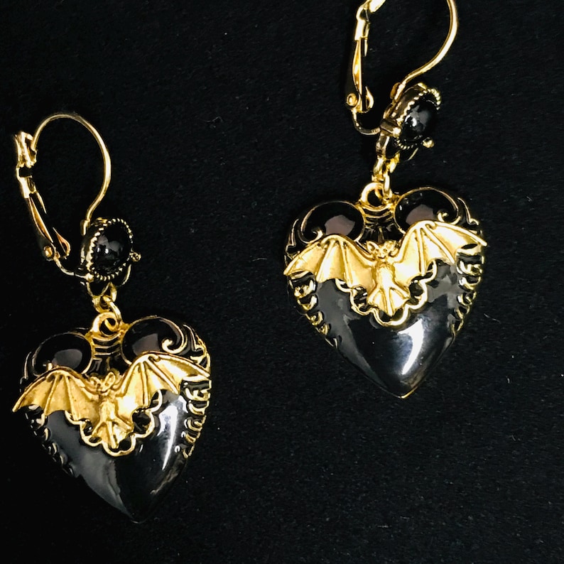 Victorian Style Gothic Black Enamel Heart Bat Earrings