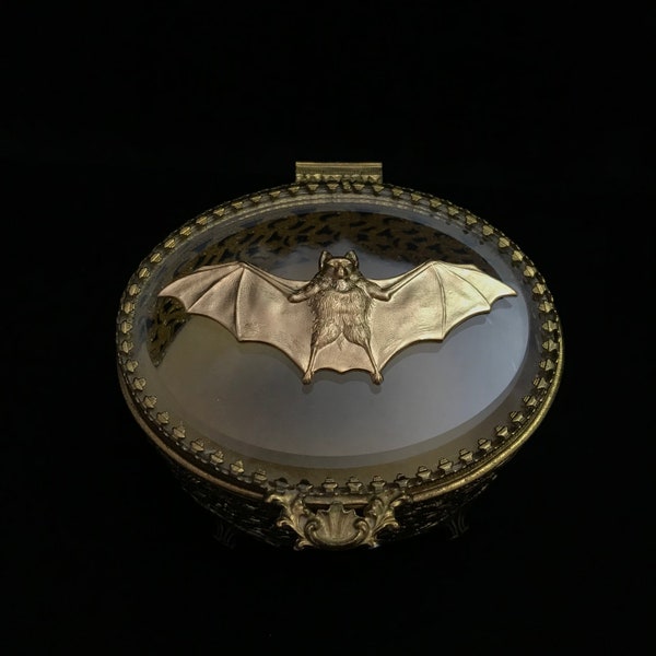 Antiqued gold bat on small vintage gold filigree box//gold bat on vintage Hollywood Regency glass box//Gothic bat box//Haunted Mansion box
