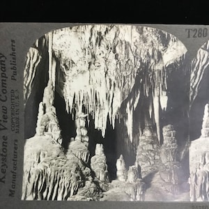 set of THREE nature stereoviews, frozen Niagara Falls stereoview//stalagtite stereoview 1899//moonlight Niagara stereoscope//cave stereoview