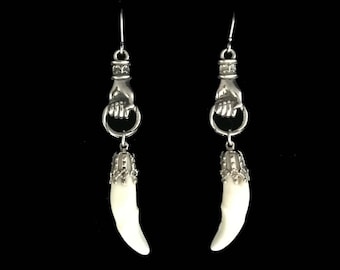 Real coyote teeth silver hand earrings//3&quot;//Victorian style tooth earrings//taxidermy jewelry//fang earrings//tooth earrings//hand jewelry