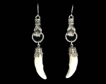 Real coyote teeth silver hand earrings//3"//Victorian style tooth earrings//taxidermy jewelry//fang earrings//tooth earrings//hand jewelry