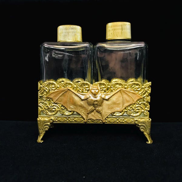 Bat on vintage gold filigree perfume bottle holder, Pair Gothic perfume bottle holder