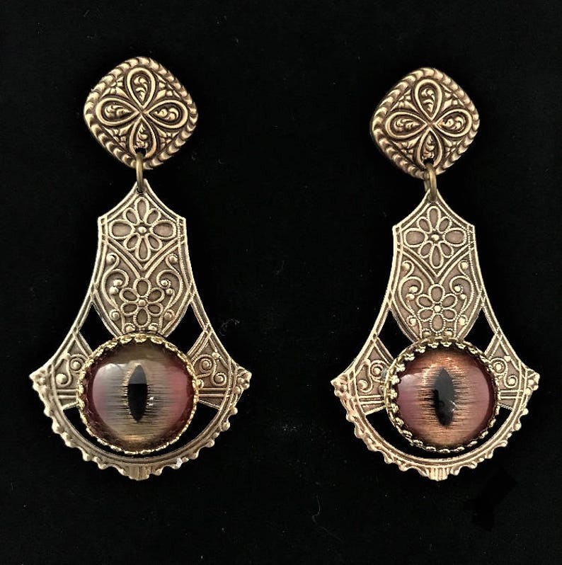 2.50 inches-gold and rust glass eye earrings-gold posts-taxidermy eyes Large glass shark eyes /& antiqued brass Moroccan style earrings