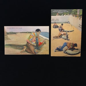 PAIR vintage alligator postcards//vintage wrestling alligator postcards//alligator wrestling//1930 alligator postcards//macabre postcard