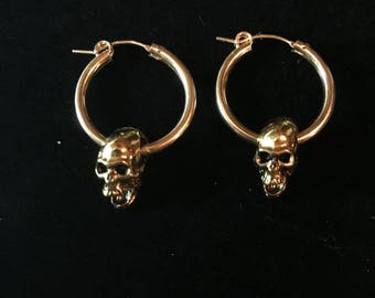 14 k gold-filled hoop earrings w/gold plated skull//skull hoop earrings//1.5"gold skull earrings/SPECIAL EDITION Hide gold skull hoop