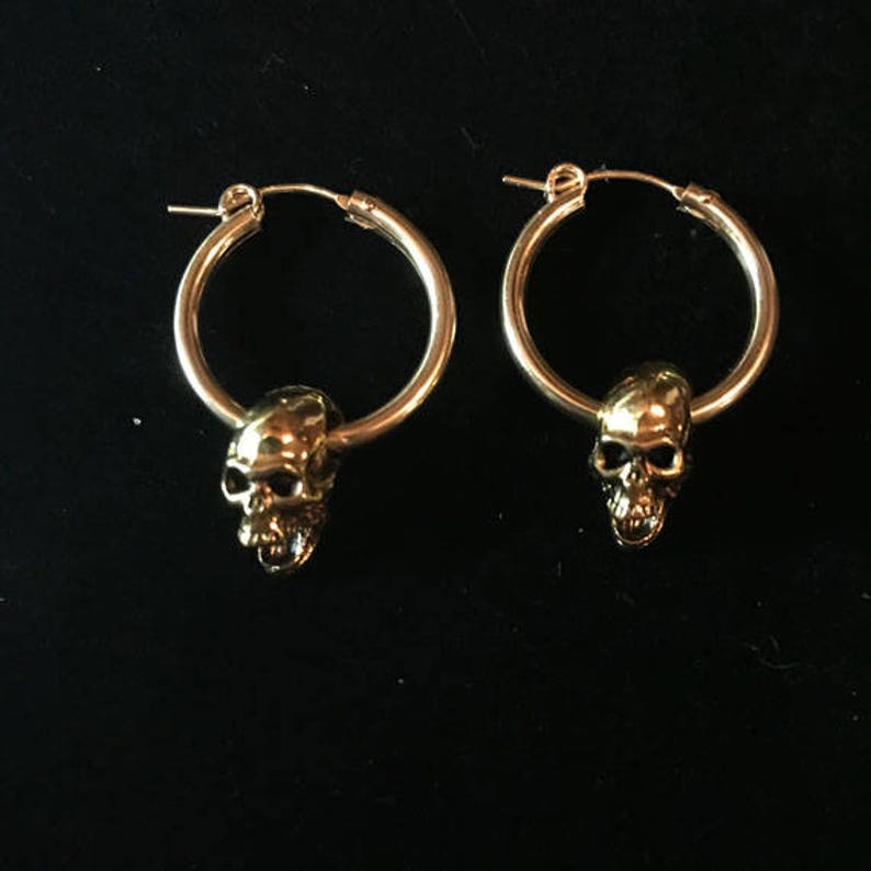 1.5 inches w gold plated screaming skull-skull hoop earrings 14 karat gold filled hoop earrings