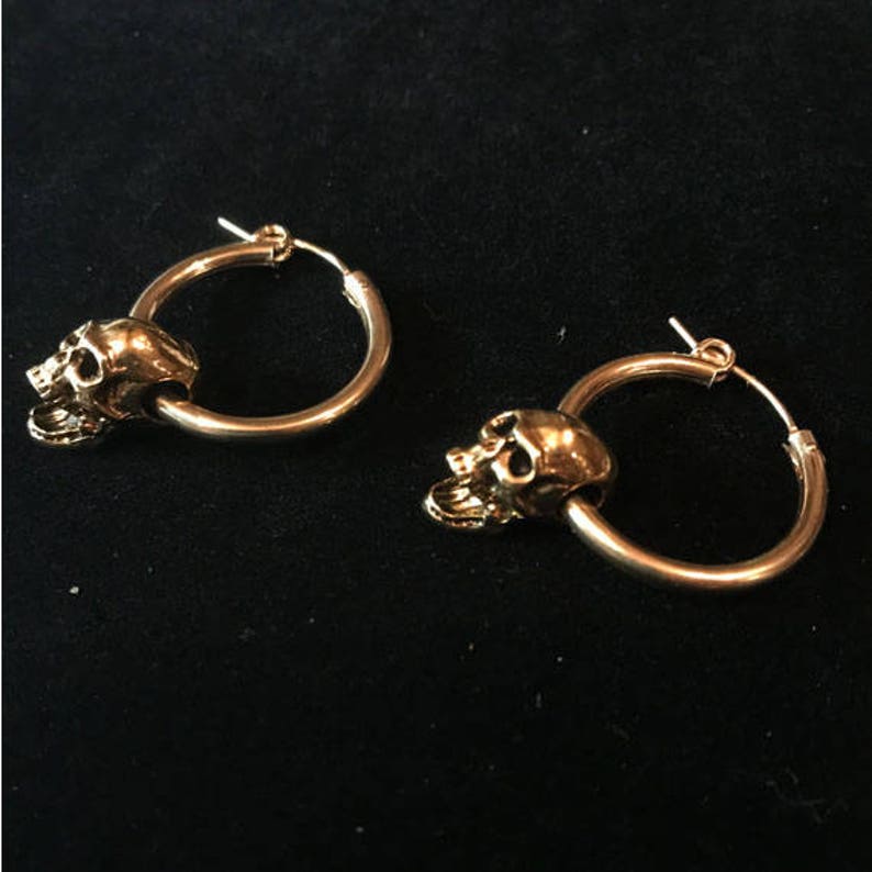 1.5 inches w gold plated screaming skull-skull hoop earrings 14 karat gold filled hoop earrings