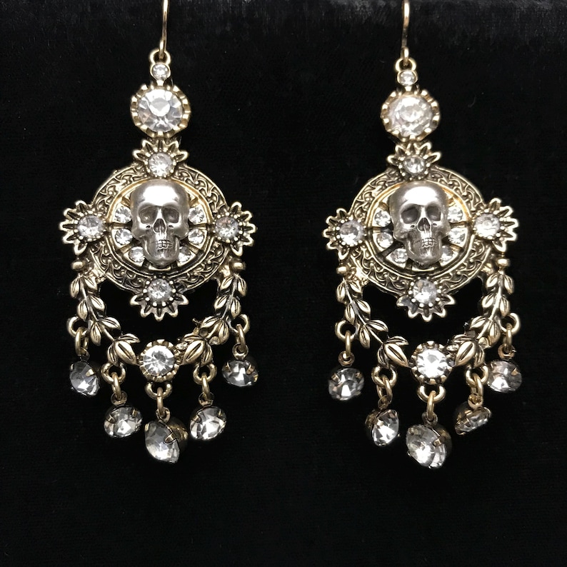 Large Rhinestone Skull Earrings, gold and silver color