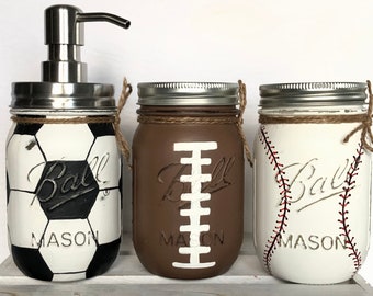 2/3 Mason Jar Sports Set, Sports Jar Pump, Baby Shower Decor, Piggy Bank, Man Cave Home Decor, Kids Room Decor, Game Day Decor, Party Decor