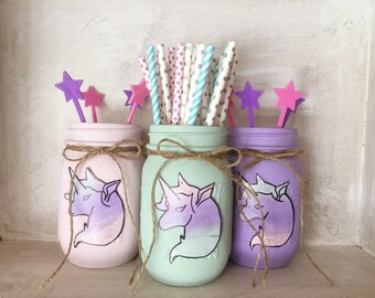Mason Jar Unicorn Set, Unicorn Party Decor, Girls Bedroom Decor, Mason Jar Vases, Unicorn Birthday Party Jars, Girls Birthday Gift,