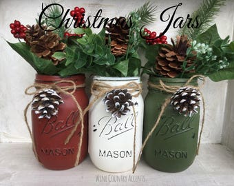 Painted Mason Jars. Christmas Decor. Vase. Home Decor. Holiday Decor. Rustic Decor. Christmas Jars. Gifts.