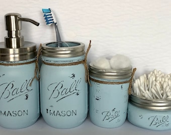 4/5 Mason Jar Bathroom Set, Bathroom Decor, Home Decor, Farmhouse Decor, Country Decor, Soap Dispenser, Christmas Gift, Mothers Day Gift