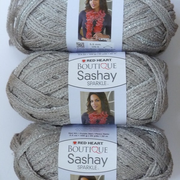 3 Skeins Red Heart Boutique Sparkle SASHAY yarn . Platinum . FREE SHIPPING . silver gray, metallic . crochet weave knit