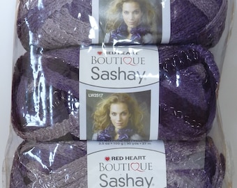 3 Skeins Red Heart Boutique SASHAY yarn . Boogie . FREE SHIPPING . purple, plum metallic silver . crochet weave knit