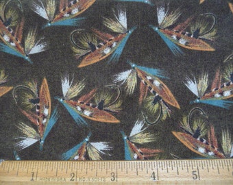 FLIES Fly Fishing Fabric, 1 Yard, 44" wide, 100% cotton, lures . feathers . brown