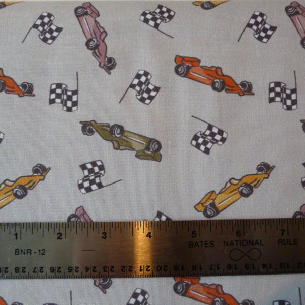 Tossed RACE CARS and CHECKERED Flags Fabric, 1 yard, 44/45" wide, 100% cotton . Free Shipping . racing check .