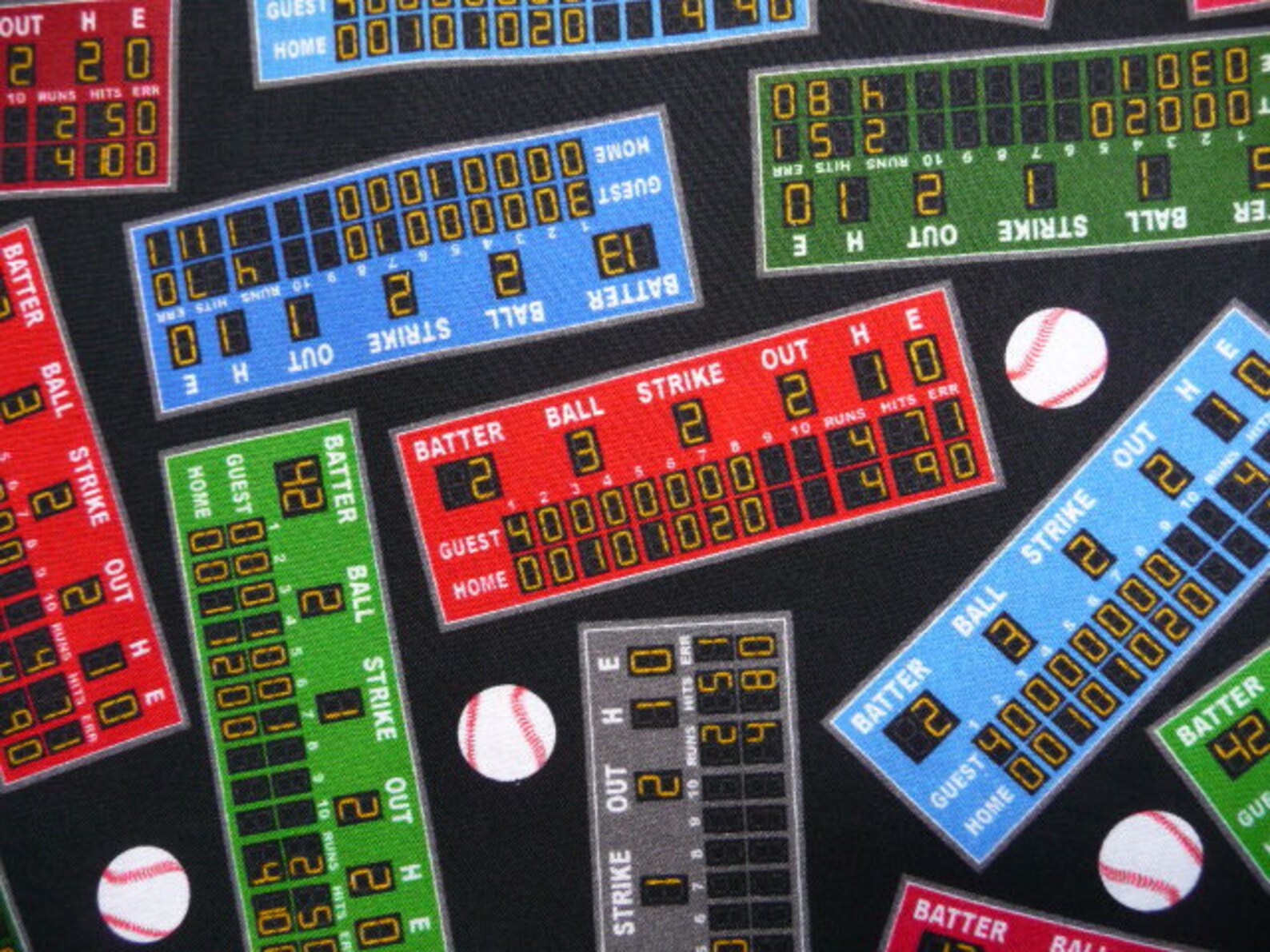 BASEBALL SCOREBOARDS on Black Background Fabric, 1 Yard, 44
