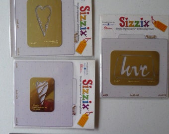 Set of 3 Sizzix Simple Impressions Embossing Folders . . . Primitive Heart #2, Primitive Heart #3 & Love Phrase #2 . . . Free Shipping