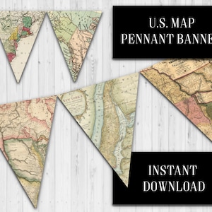 US map pennant banner, Vintage US map banner, History Classroom, Classroom Decor