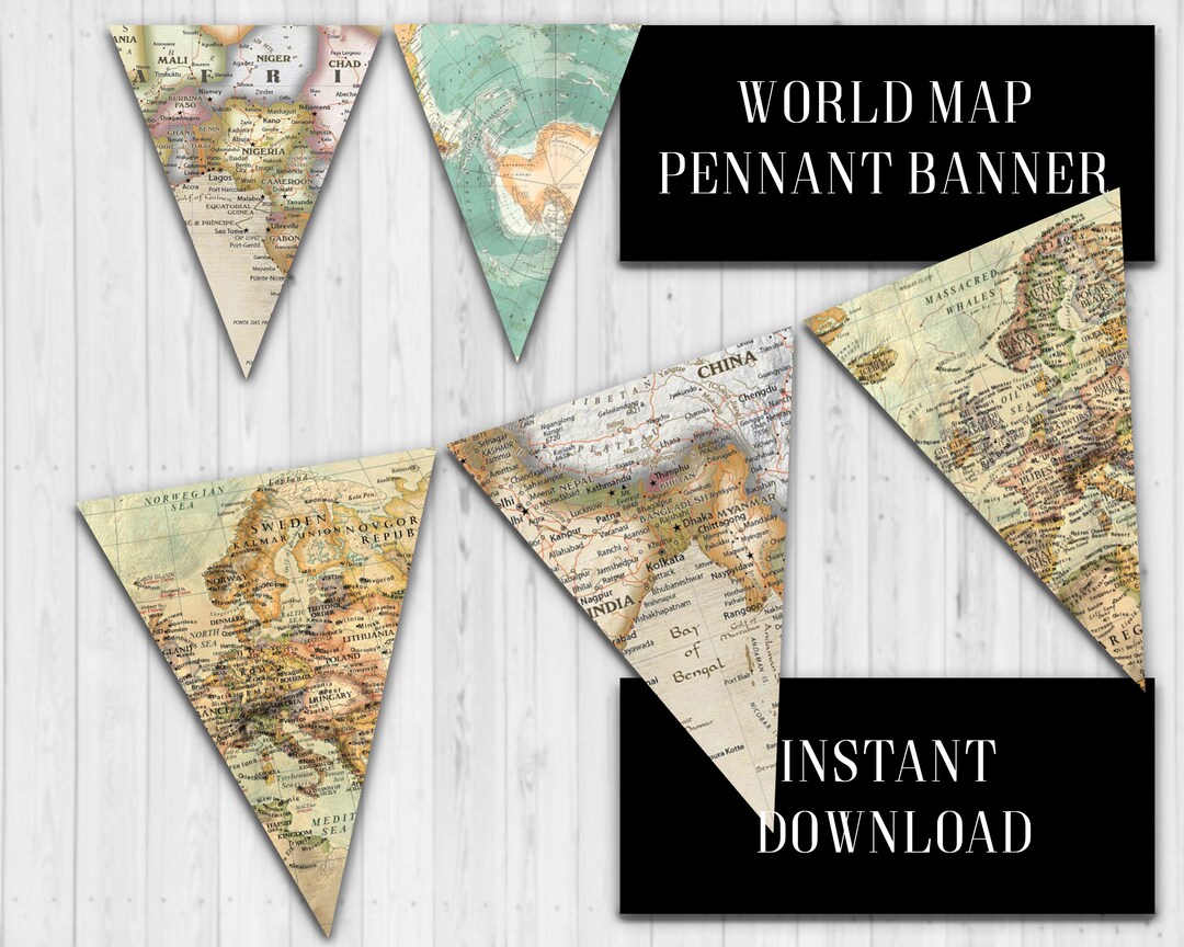 World Map Pennant Banner, Vintage World Map Banner, Classroom Banner