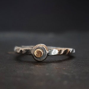 Silver dot stack ring with brass dot, rustic stack ring, hammered band and blackened silver, 2mm wide band, funky ring,chunky stack ring