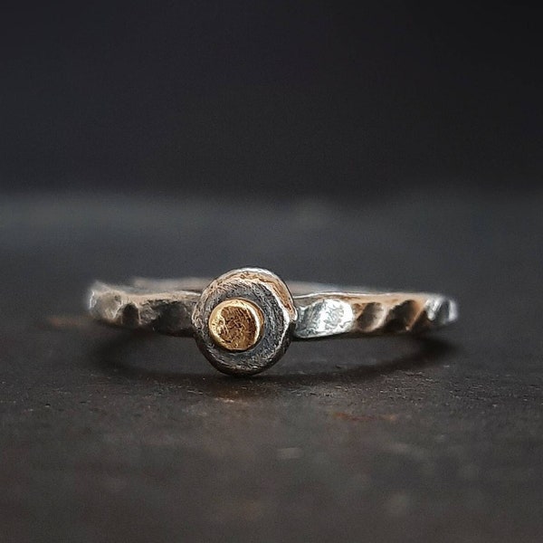 Silver dot stack ring with brass dot, rustic stack ring, hammered band and blackened silver, 2mm wide band, funky ring,chunky stack ring