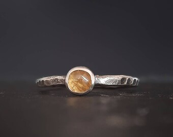 Yellow Tourmaline sterling silver stack ring, rustic band with yellow stone and hammered band, oxidised silver, UK size O 1/2
