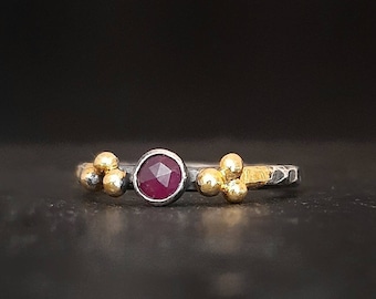 Rose cut ruby sterling and fine silver rustic ring, 24k gold keumboo, brutalist dainty ring, organic ring, UK size M 1/2