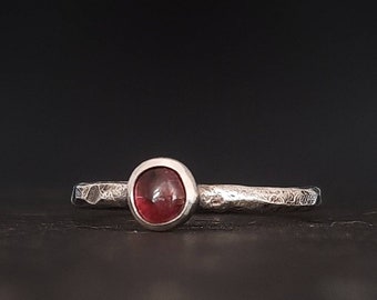Red tourmaline sterling silver stack ring, recycled silver hammered band and oxidised, deep pinky red stone,UK size N 1/2