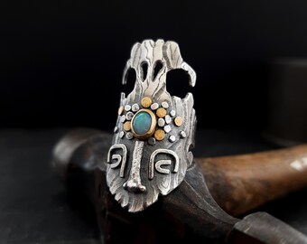 Ancient Greek God silver ring, 22k gold OOAK ring, double faced dress ring with skull and tribal face, Ethiopian Opal stone, uk O 1/2