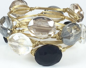 Black, Clear, Champagne, Grey Crystal Wire Wrapped Bangle - Wire Jewelry - Gift Under 20 - Gift For Her - Stacking - Courtney And Courtnie