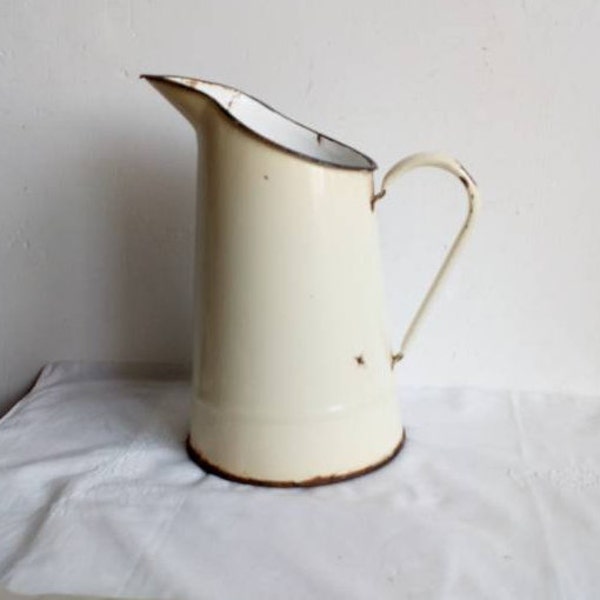 Small Enamel Jug, Cream Enamelware Vintage French Country Decor